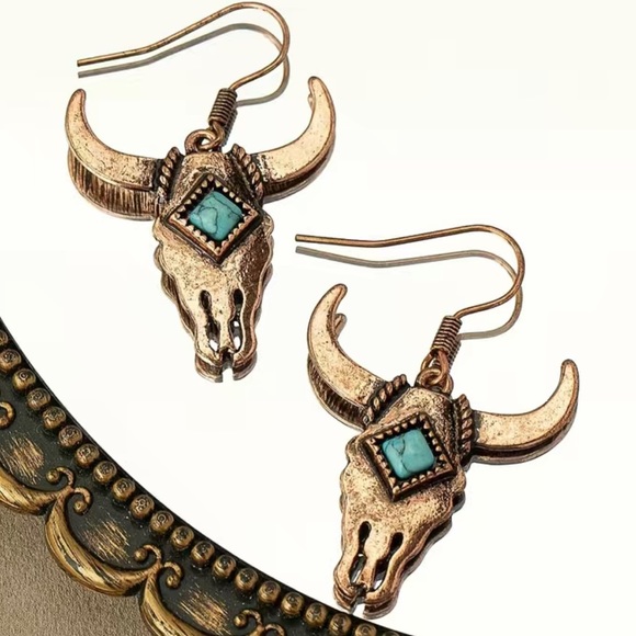 Jewelry - New, Western Boho Bull Head Earrings